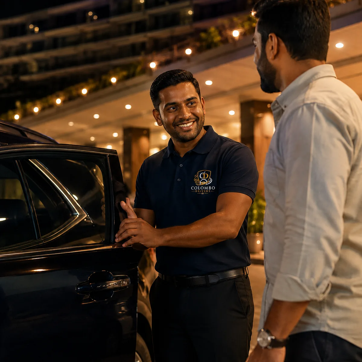 Professional Colombo driver opening the car door for a customer at a Colombo hotel at night