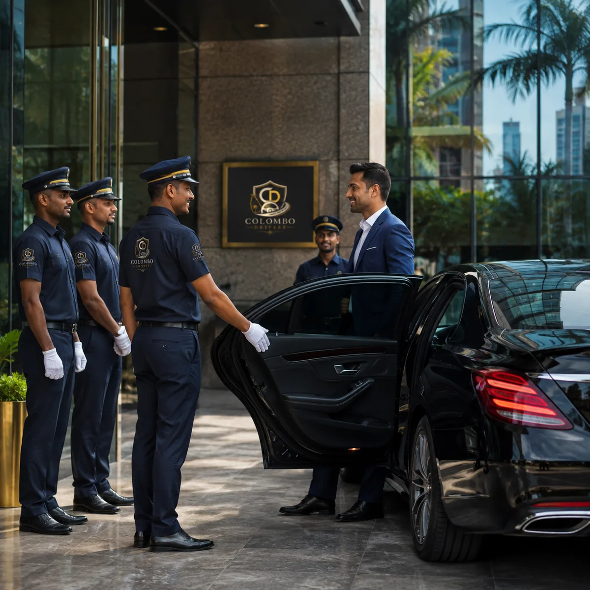 Uniformed Colombo Drivers chauffeurs welcoming a client into a luxury car in Colombo